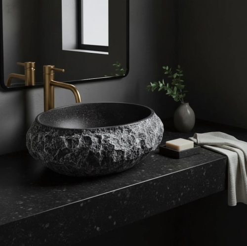 Rea Mika Gabro Black 50x38 cm pultra ültethető kőhatású mosdó, fekete REA-U0634