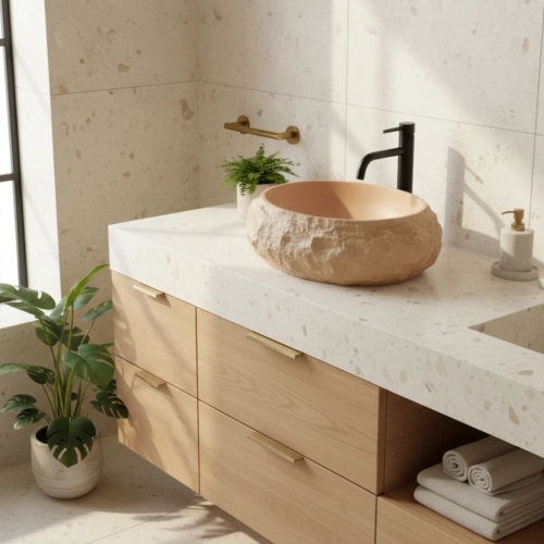 Rea Mika Light Terracotta 50x38 cm pultra ültethető kőhatású mosdó, bézs REA-U7348