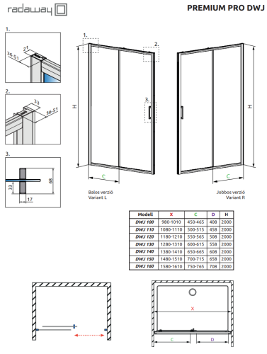 Radaway Premium Pro DWJ 120 cm balos zuhanyajtó, króm 1014120-01-01L