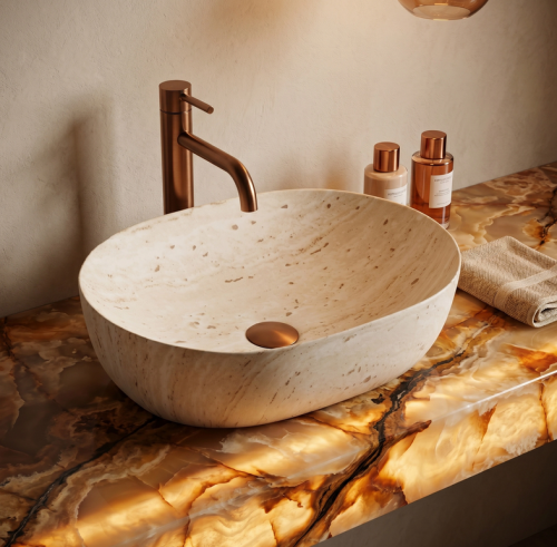 Rea Amelia Travertine Classic 48x34,5 cm pultra ültethető kőhatású mosdó REA-U4210