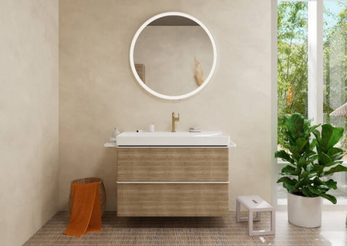 Hansgrohe Xelu Q 98x48 cm 2 fiókos mosdószekrény matt fehér fogantyúval, természetes tölgy 54033700