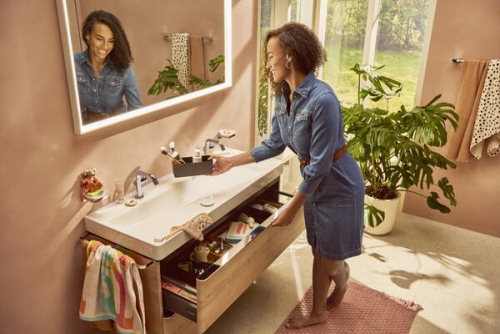 Hansgrohe Xelu Q 118x48 cm 2 fiókos mosdószekrény króm fogantyúval, természetes tölgy 54037000