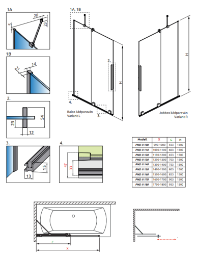 Radaway Furo Black PND II 140 jobbos kádparaván, fekete 10109738-54-01R, 10112694-01-01