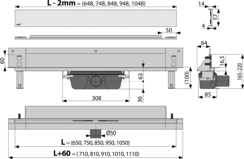 ALCA (Alcaplast) APZ5-SHADE SPA lefolyó rendszer a falba építéshez 95 cm, rozsdamentes-matt fedlappal APZ5-SHADE-950