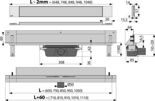 ALCA (Alcaplast) APZ5-TWIN SPA lefolyó rendszer a falba építéshez 105 cm, burkolható fedlappal APZ5-TWIN-1050