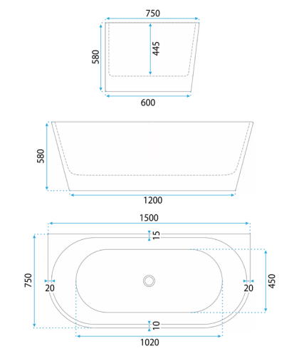 Rea Eris 150x75 cm szabadonálló kád falhoz fekete leeresztővel KPL-W6404