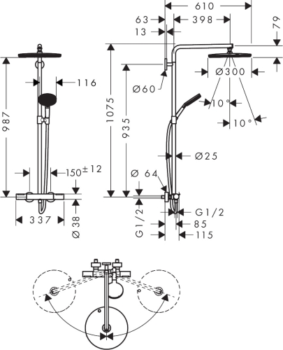 Hansgrohe Raindance Alive S Puro Showerpipe EcoSmart+ Ecostat Element 300 1jet termosztátos zuhanyrendszer, szálcsiszolt bronz 24594140