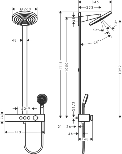 Hansgrohe Pulsify S Showerpipe 260 2jet ShowerTablet Select 400 termosztátos zuhanyrendszer, szálcsiszolt fekete króm 24240340