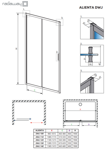 Radaway Alienta DWJ 140 cm zuhanyajtó, króm 10260140-01-01