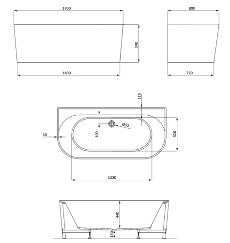 Cersanit CREA SLIM 170x80 cm falhoz tolható szabadon álló kád, fehér S931-040