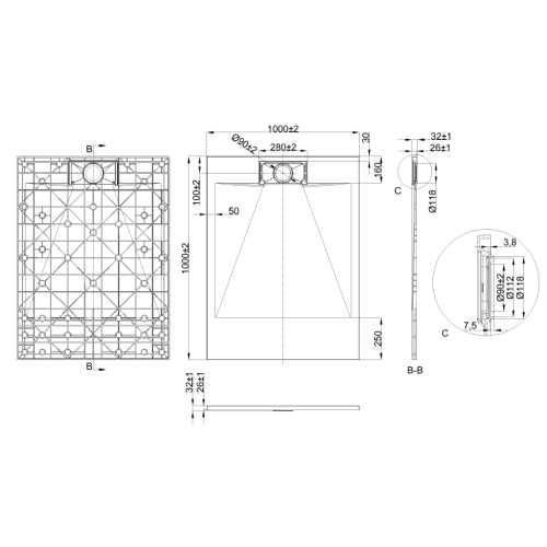 Invena Alvero zuhanytálca szifonnal 100x100 cm, fehérAK-7B-110-H